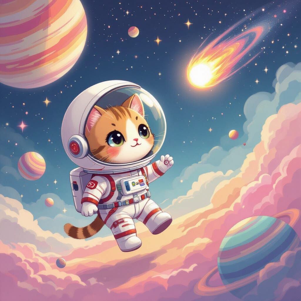 Chibi Astronaut Cat Floating Among Planets in Watercolor Sty...