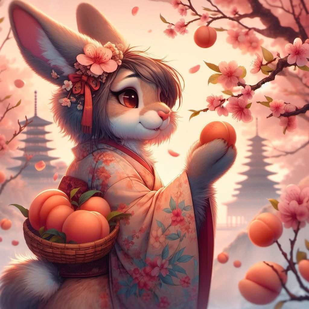 Cute Bunny Gathering Peaches in Japanese Garden