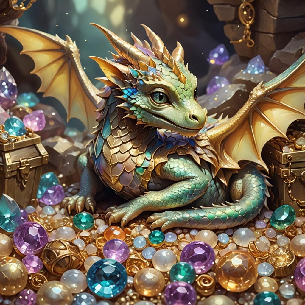 Sleeping Baby Dragon on Treasure Pile in Oil Painting Style