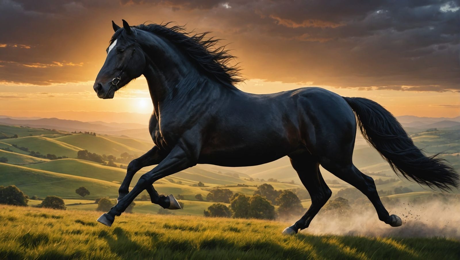 Majestic Black Horse Trotting in a Vibrant Landscape