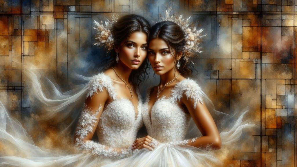 Happy Lesbian Couple's Abstract Metallic Wedding Portrait