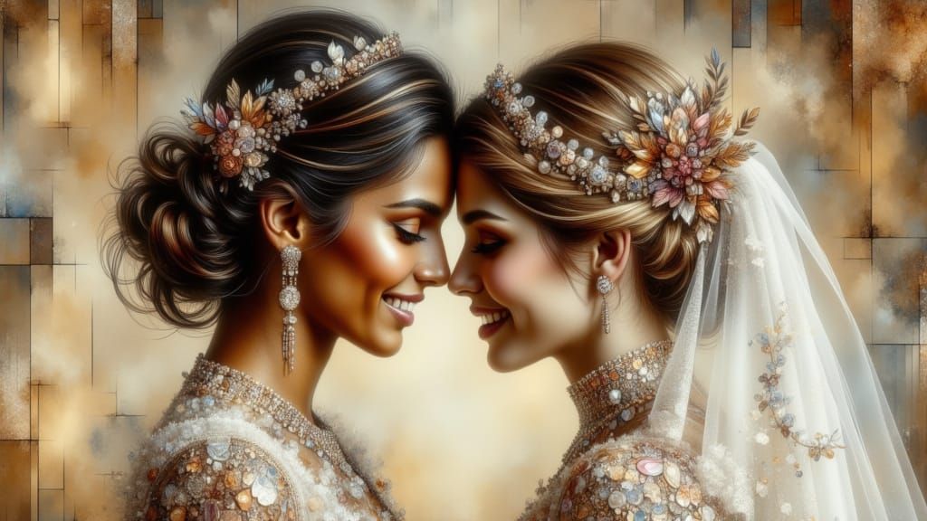 Happy Lesbian Couple's Wedding Day Portrait