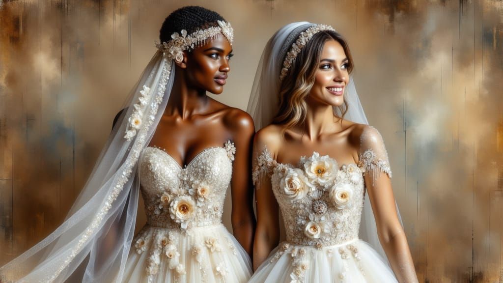 Happy Lesbian Couple in Abstract Metallic Wedding Portrait