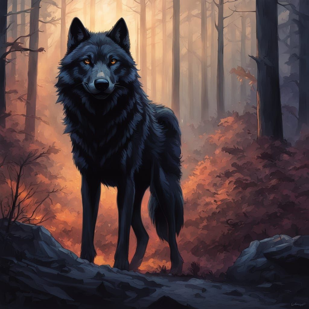 Majestic Black Wolf with Pack in Atmospheric Forest