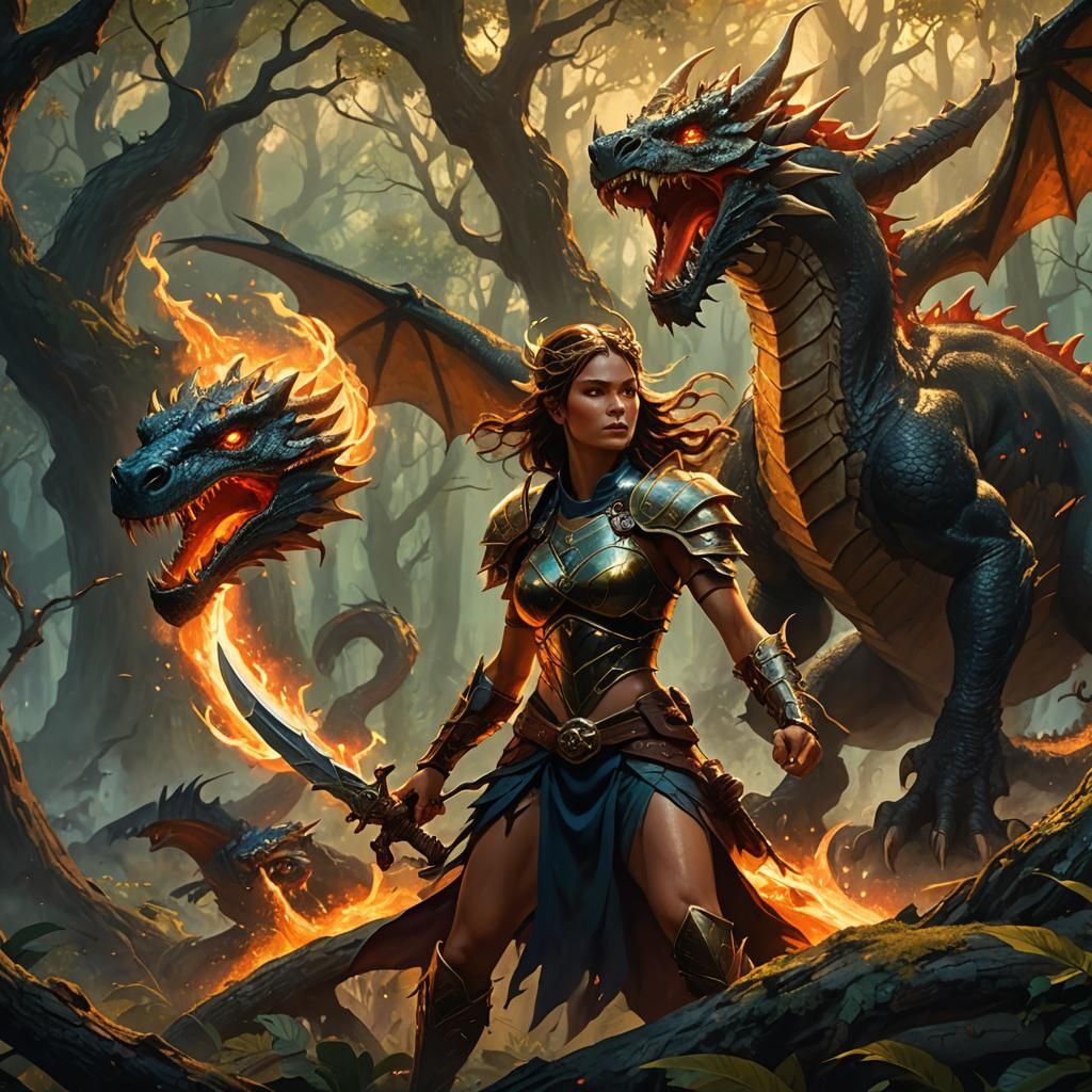 Warrior Woman Slaying Dragon in Mystical Forest