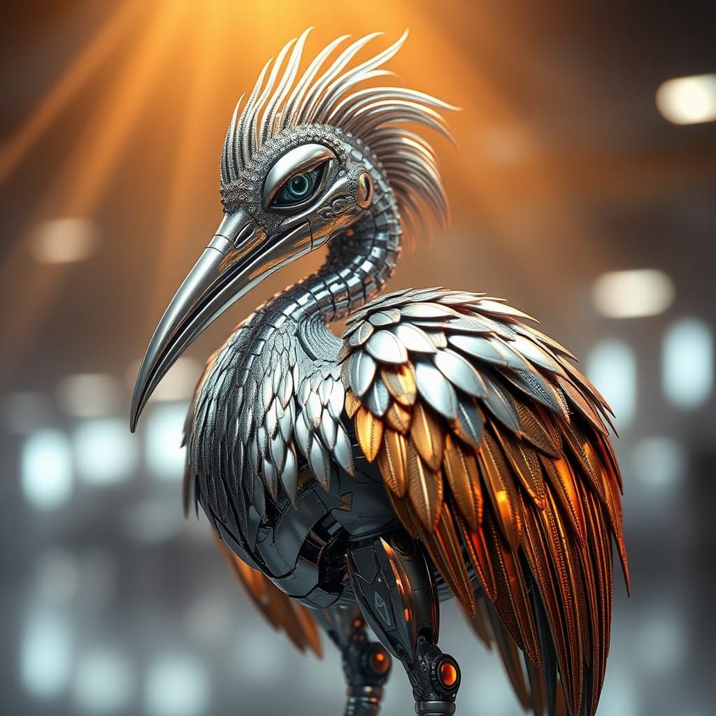 Hyper-Realistic Metallic Ibis Robot in Gradient Hues