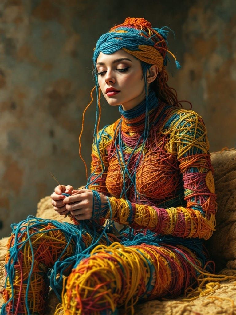 Woman Knits Herself in Aztec Impasto Illustration
