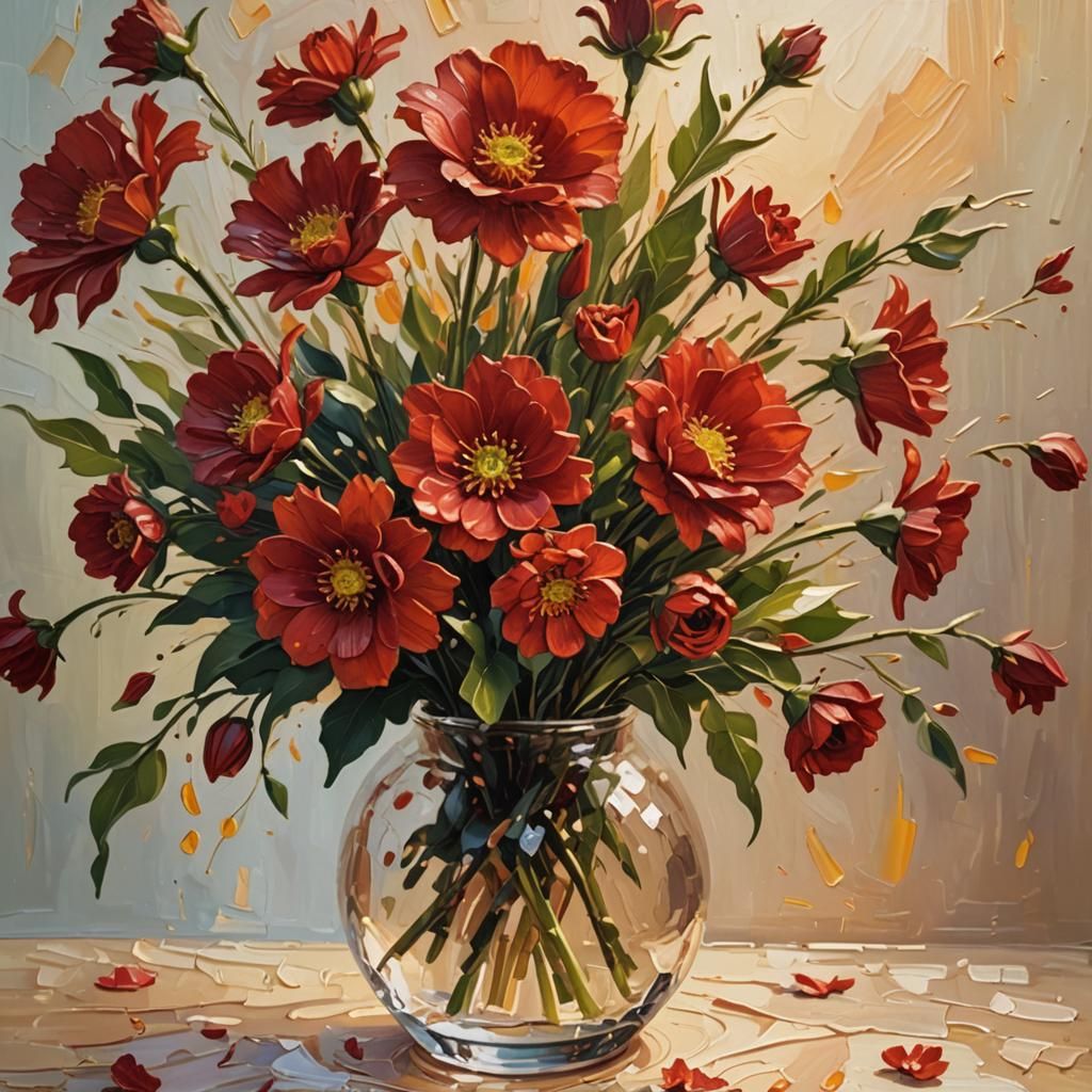 Vibrant Red Flowers Still Life as Impasto Painting