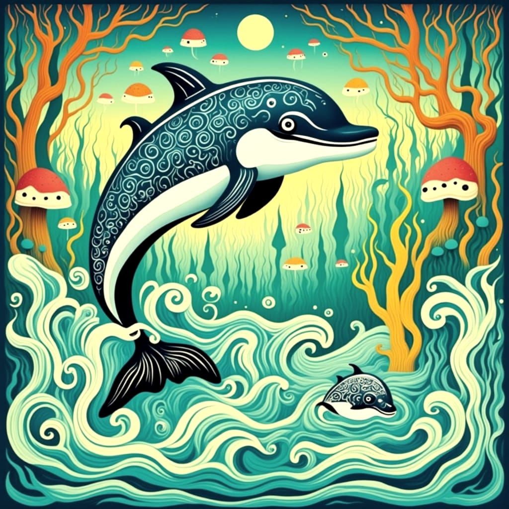Whimsical Woodcut Dolphin in Joyful Motion