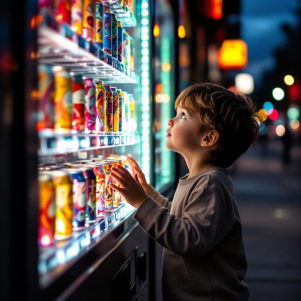 Boy's Longing Before Neon Vending Machine