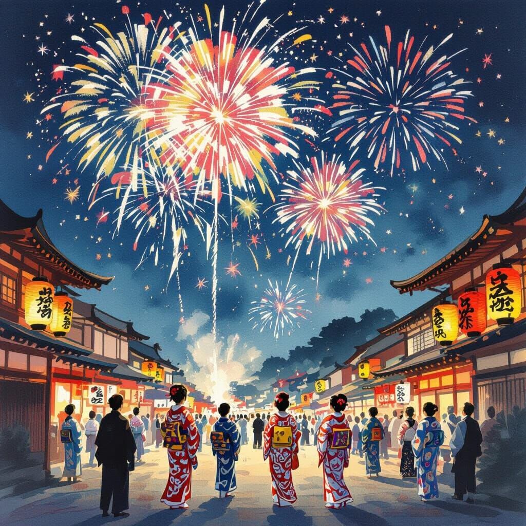 Fireworks and Kimonos in Japanese Ukiyo-e Style