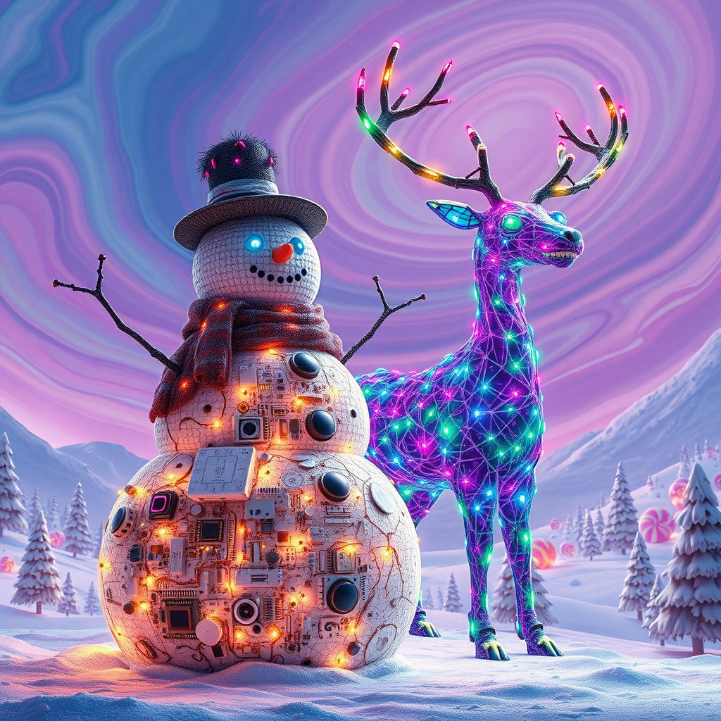 Electronic Snowman and Reindeer in Candyland, Digital Art
