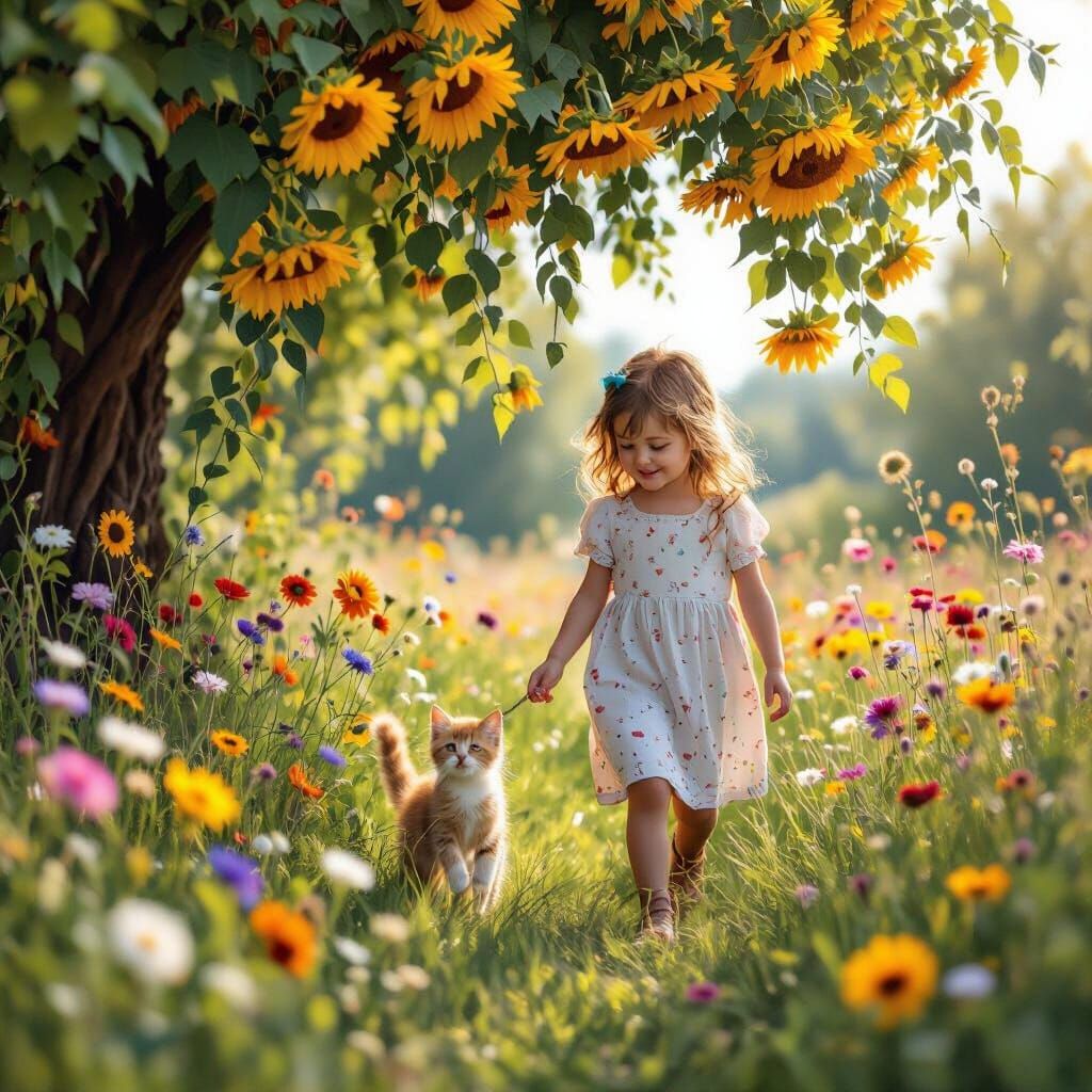 Girl and Kitten Stroll Through Dreamy Wildflower Meadow