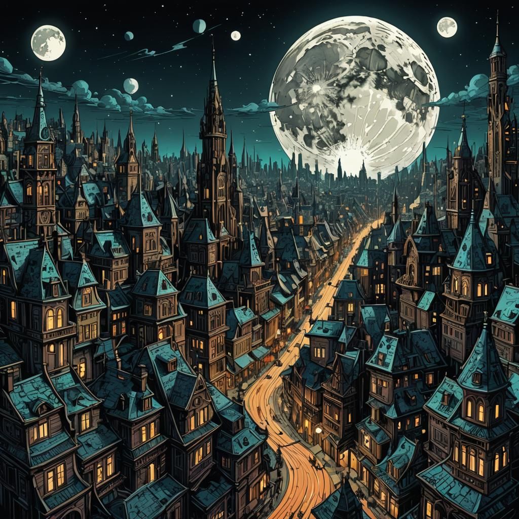 Moonlit Lunar City in Bold Cartoon Style