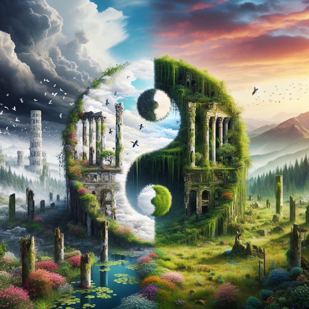 Yin-Yang Landscape Art with Ruins and Preservation