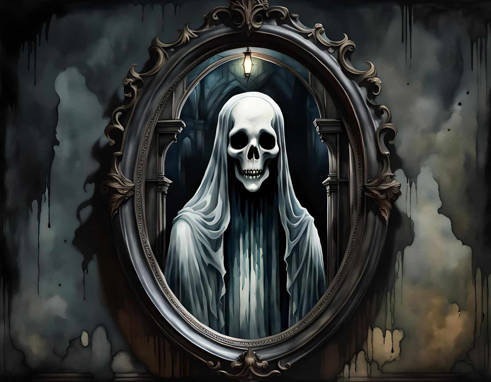 Ghost Emerges from Gothic Mirror in Watercolor Style