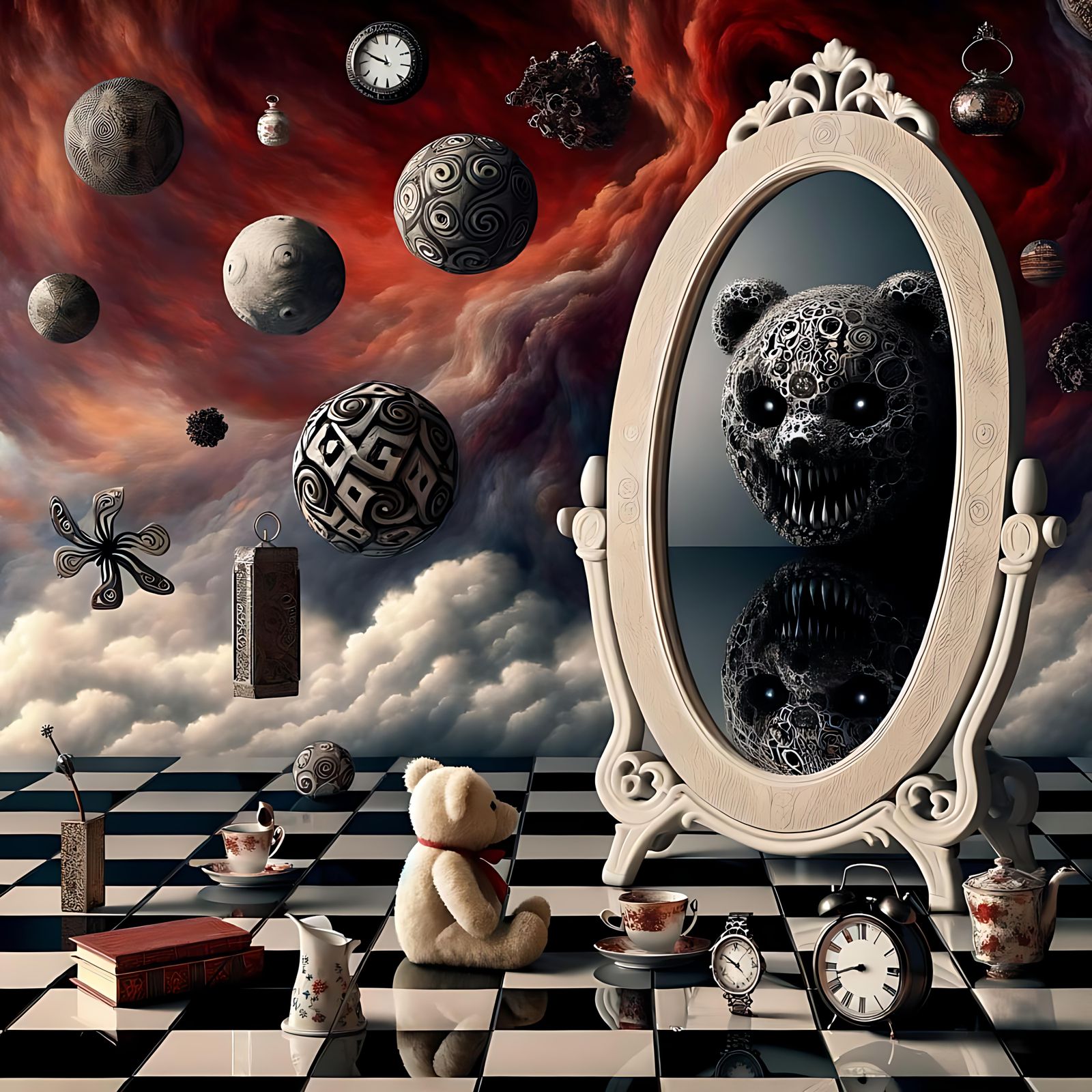 Eerie Teddy Bear Reflection in a Surreal Landscape