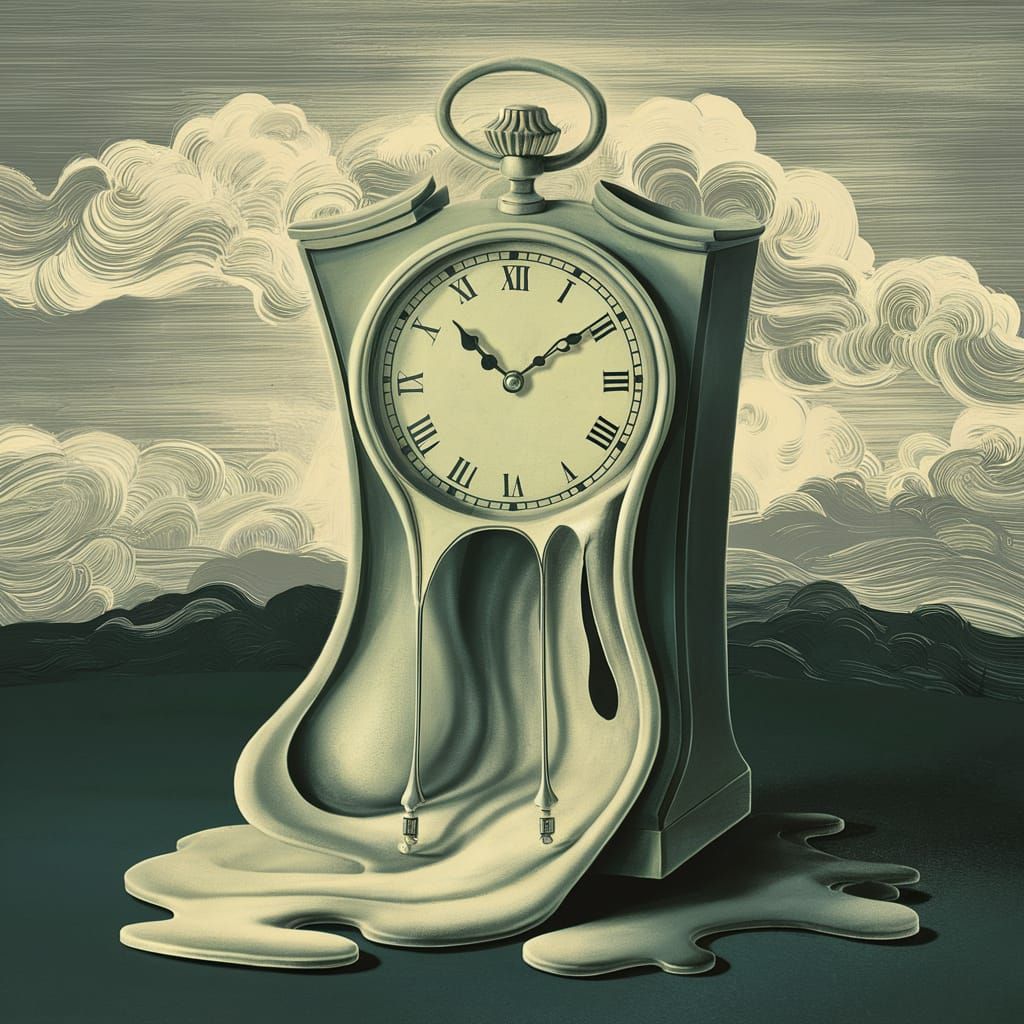 Surreal Melting Clock in Dreamscape, Vintage Style