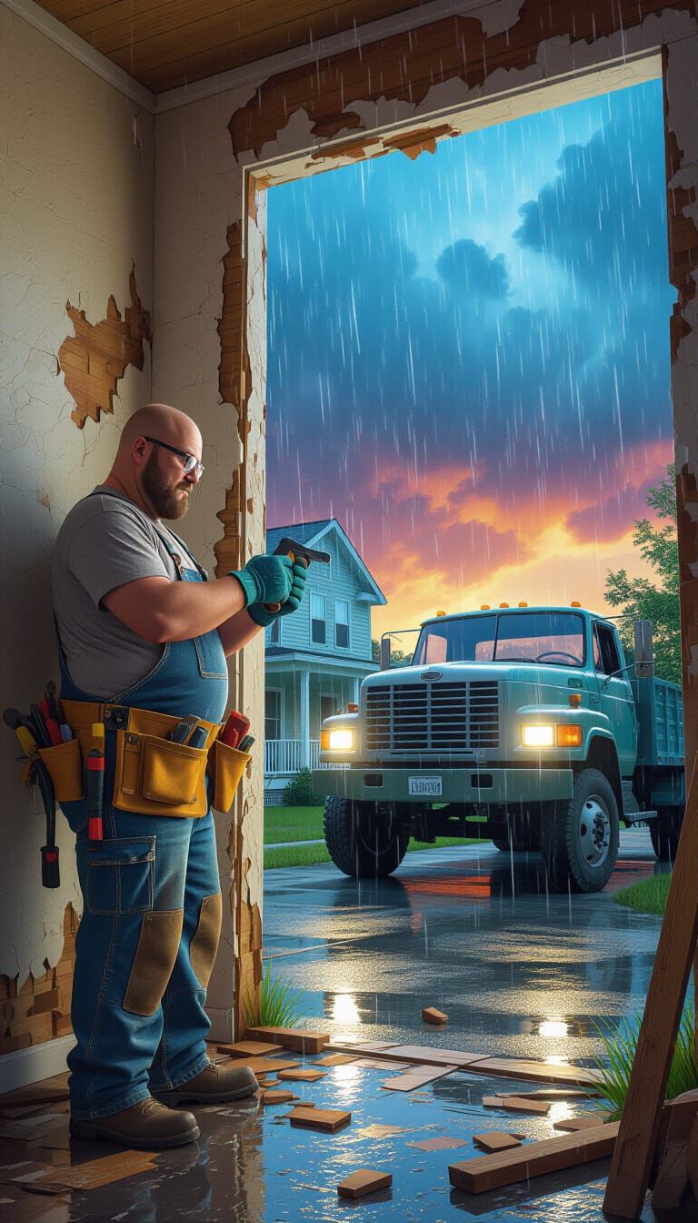 Man Repairs Damaged Home During Storm, Hyperrealistic Art
