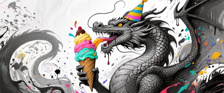 Dragon Devouring Ice Cream Sundae, Mixed Media Style