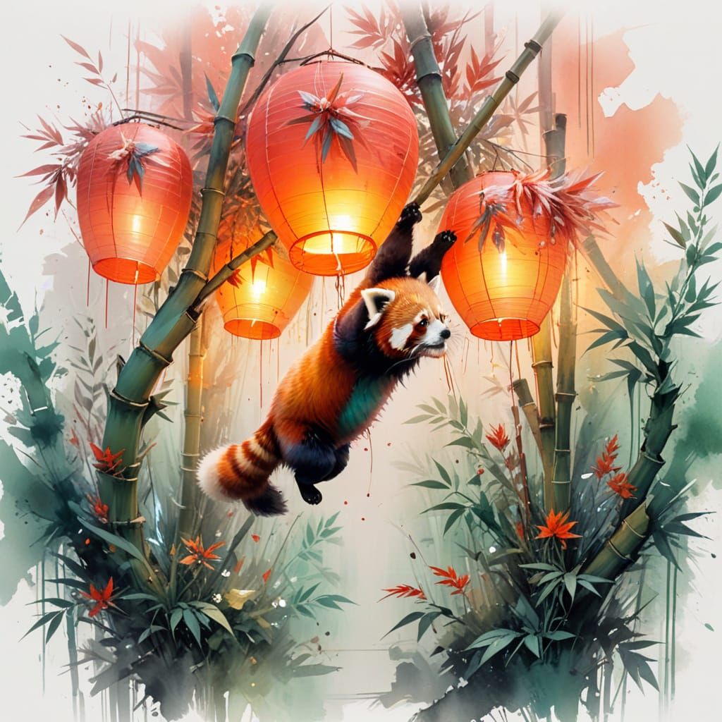 Playful Red Panda in Lantern Alley: Watercolor Style
