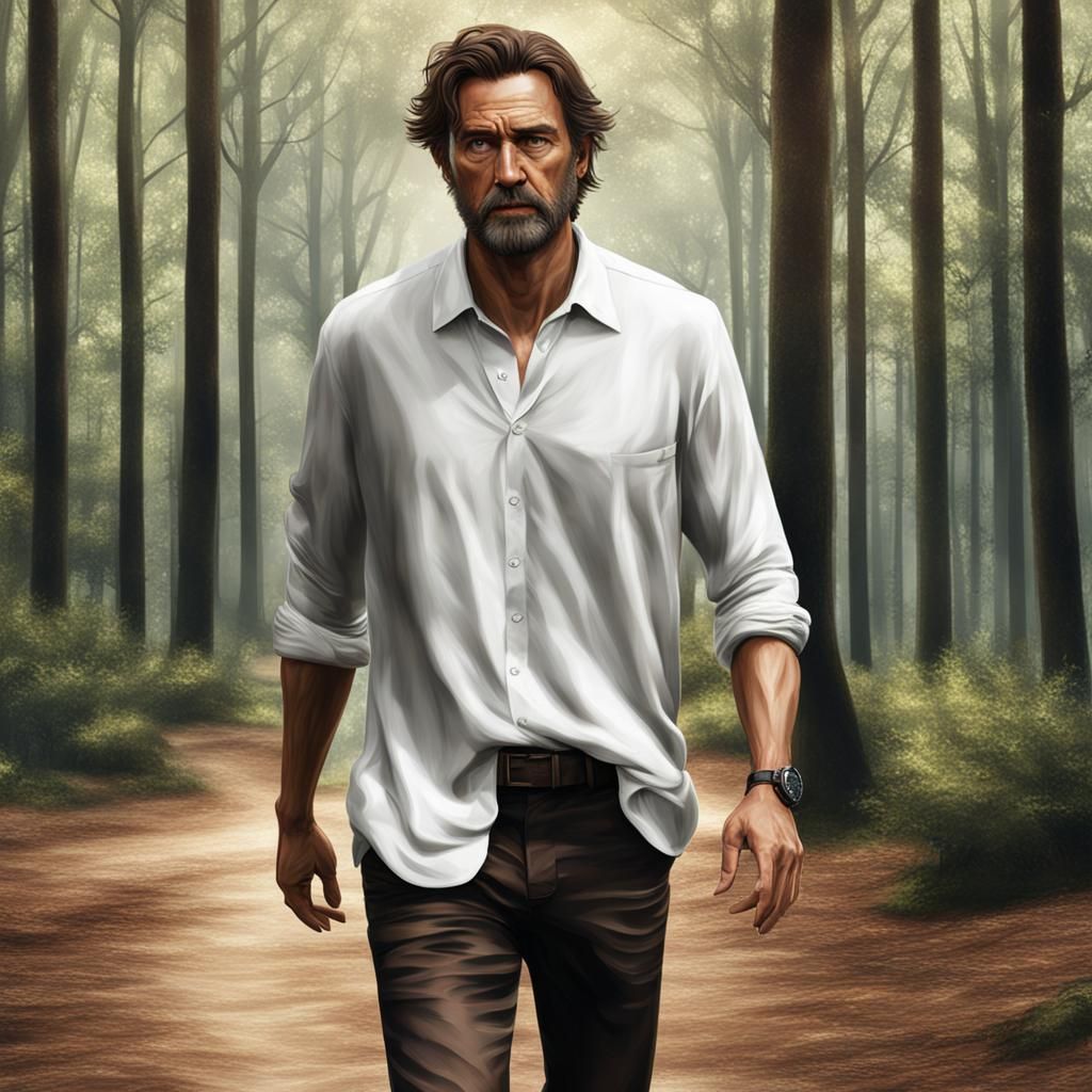 Man Walking Through Forest: Photorealistic Image