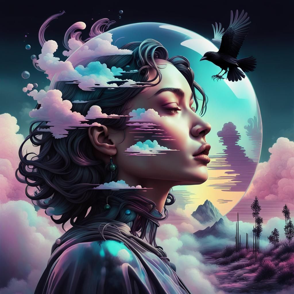 Vaporwave Woman in Dreamy Retro Landscape