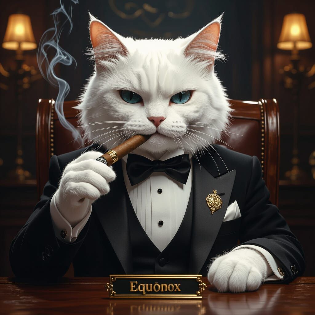 Menacing White Cat in Tuxedo with Cigar