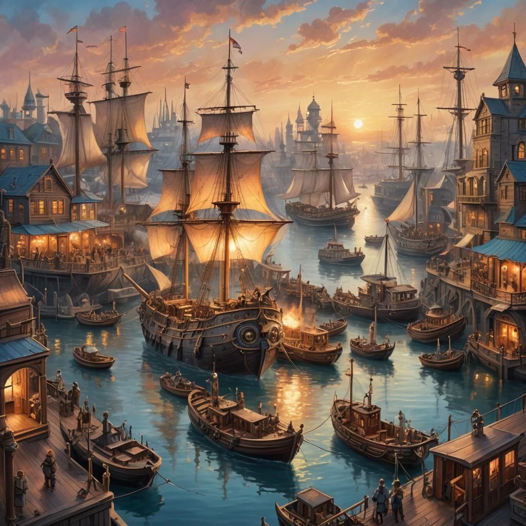 Steampunk Fantasy Harbor at Sunset