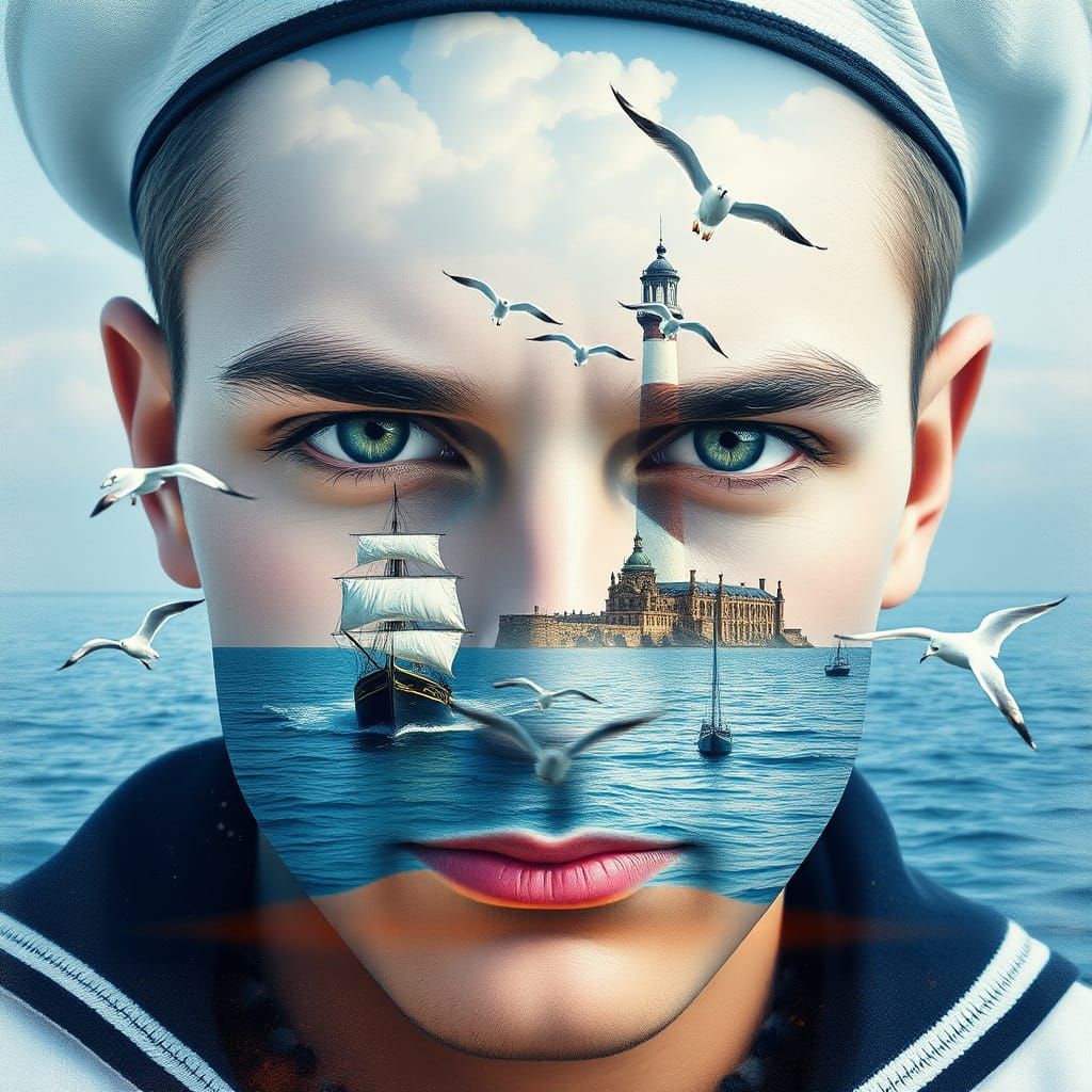 Create a closeup double exposure Sailor's face, ships ocean lighthouse sea gulls scene inside the face with textured bea...