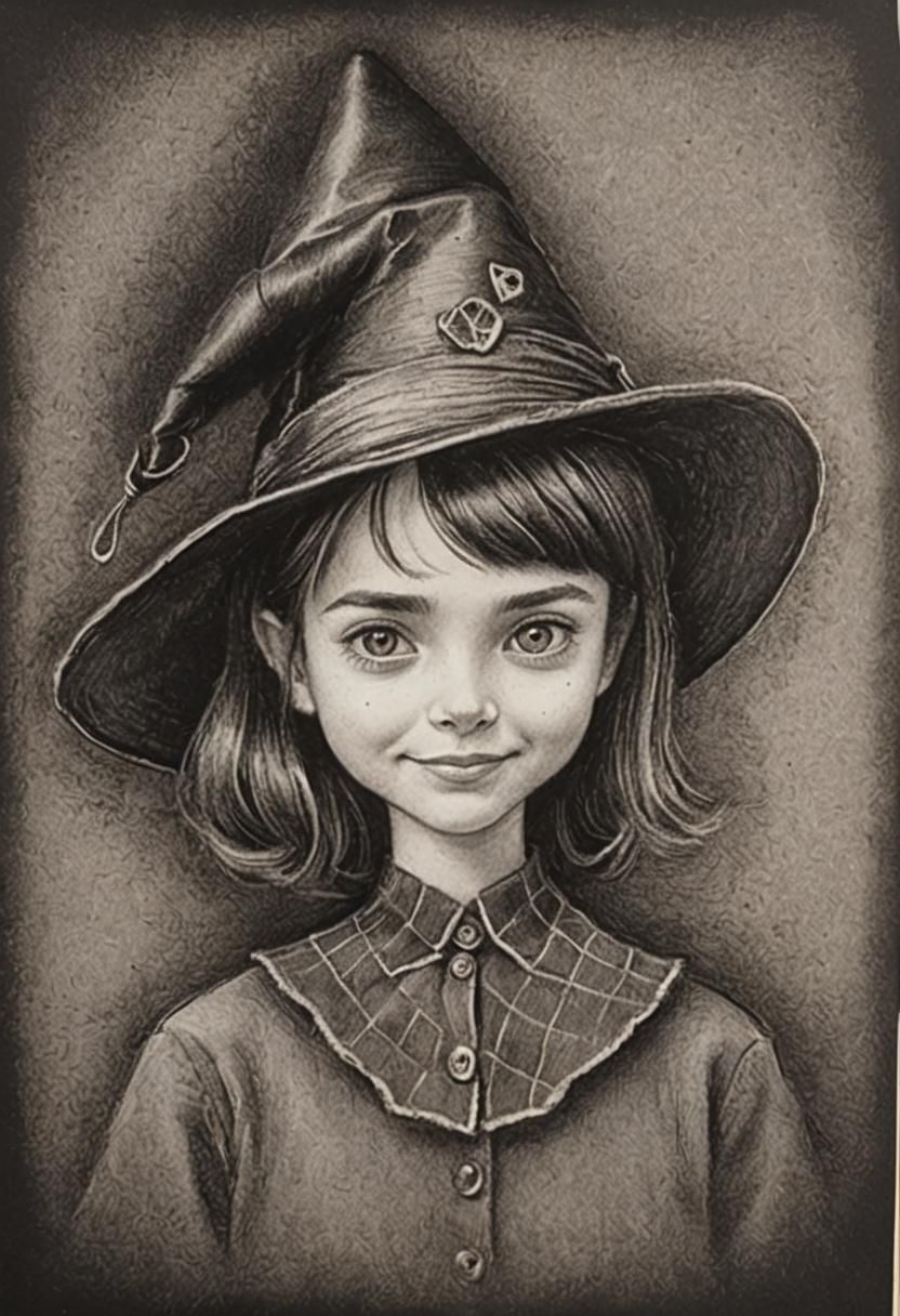 Charcoal Portrait of Girl in Magician's Hat