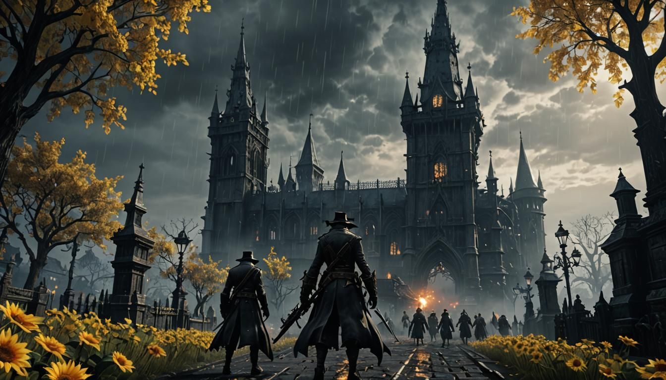 Bloodborne Towers and Sunflowers in Gothic Setting