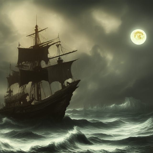 Jolly Roger Pirate Ship on Stormy Sea
