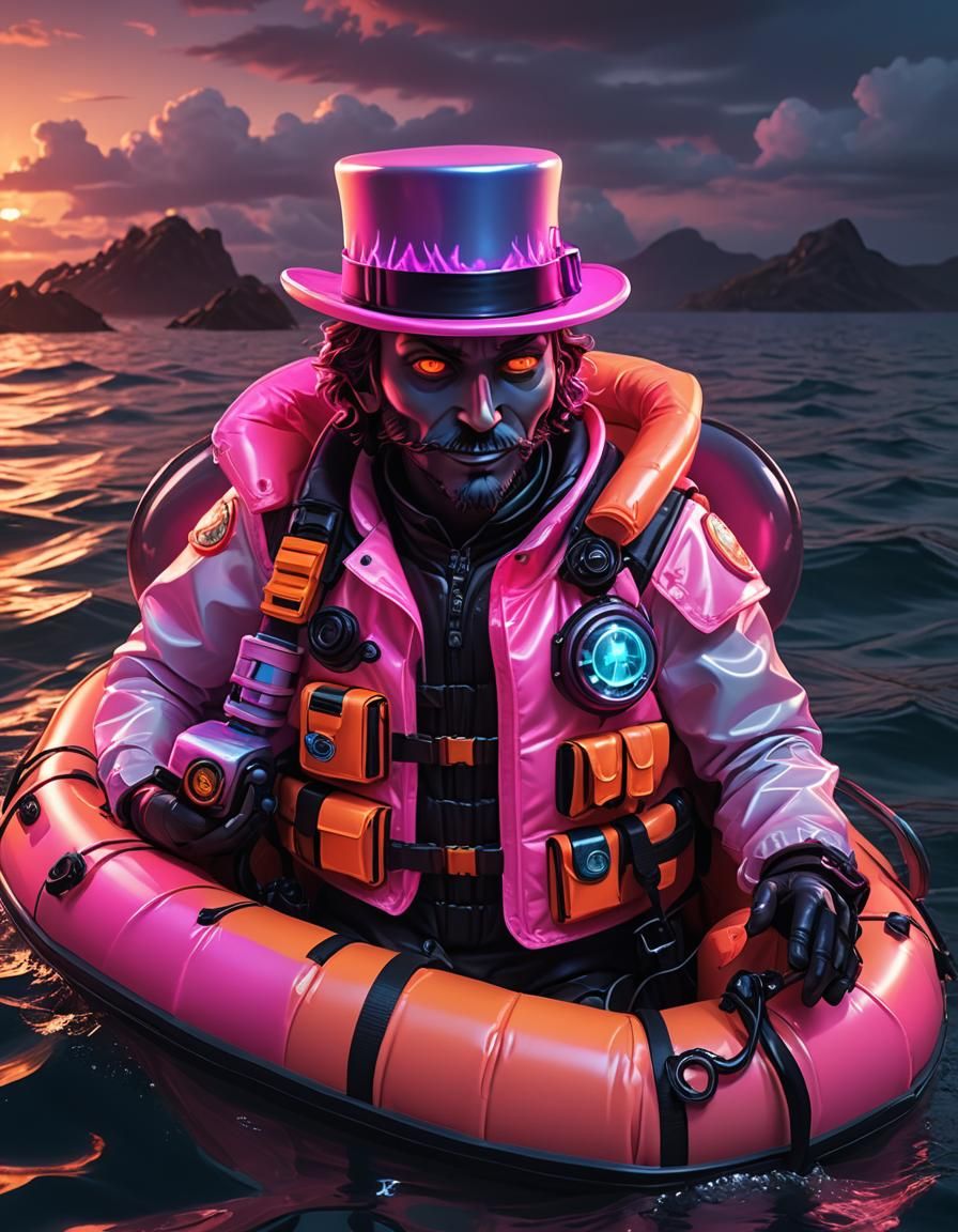 Neon Life Jacket and Top Hat at Sunset