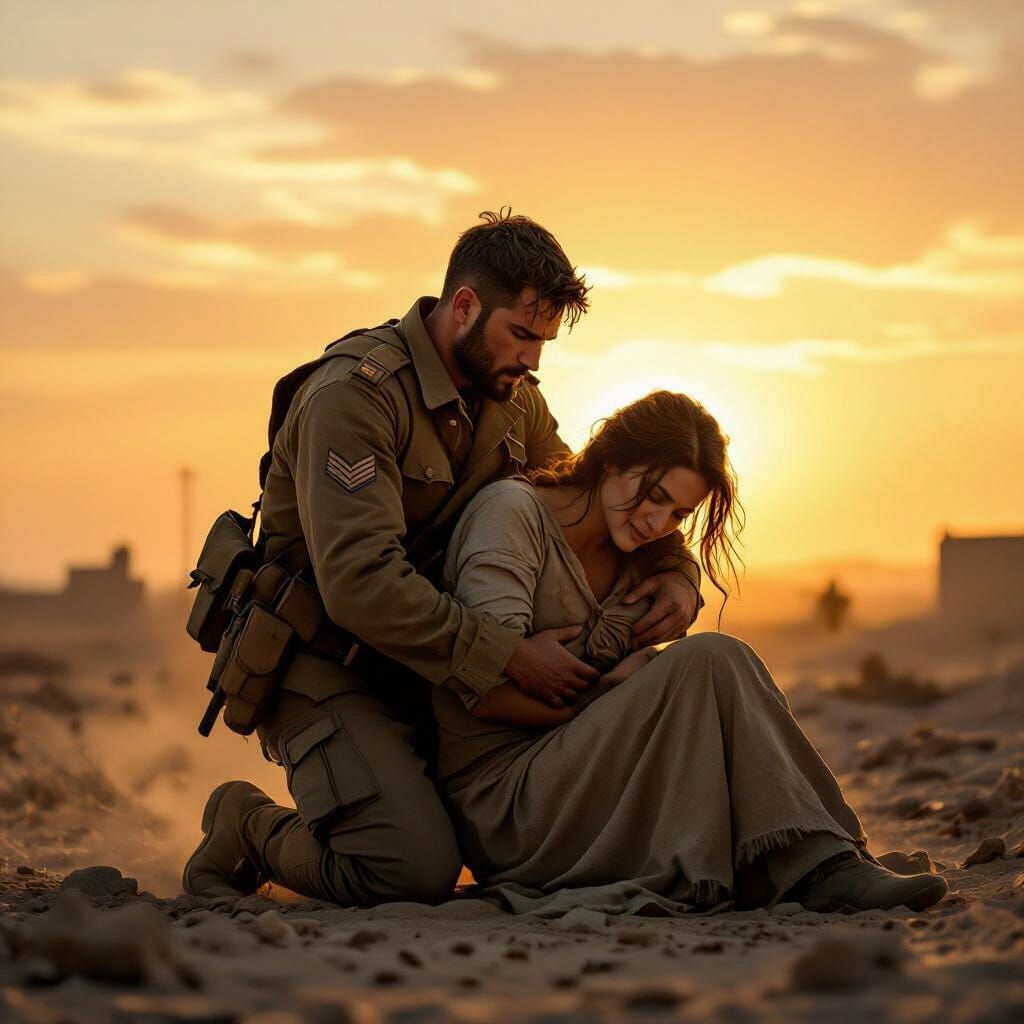 Soldier Rescues Woman in Dramatic Sunset War Scene