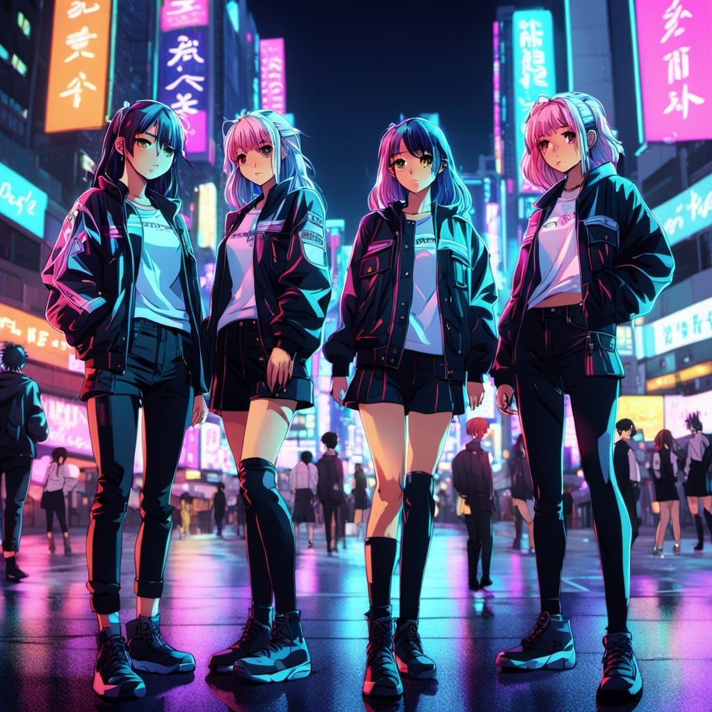 Anime Style Tokyo Revengers Girls Gang in Neon City