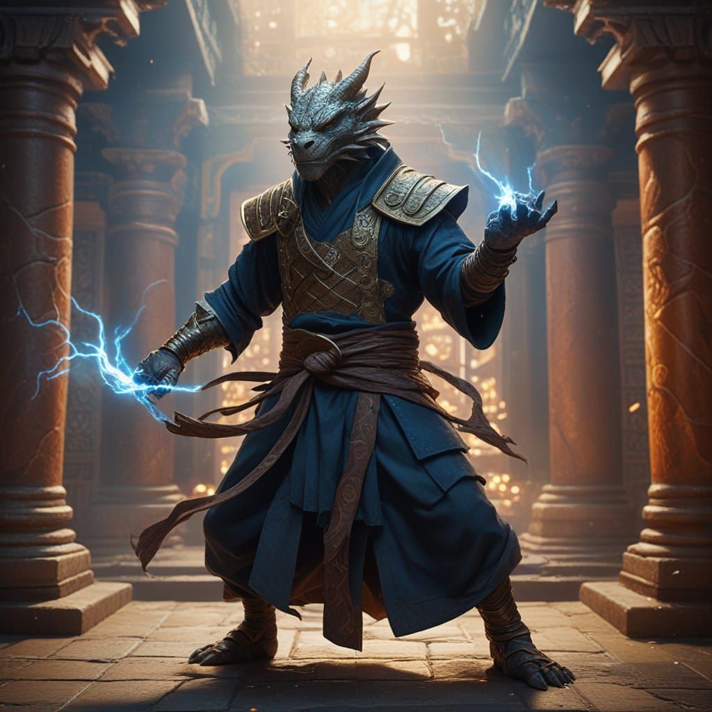 Dragonborn Monk in Temple: Vibrant Digital Art