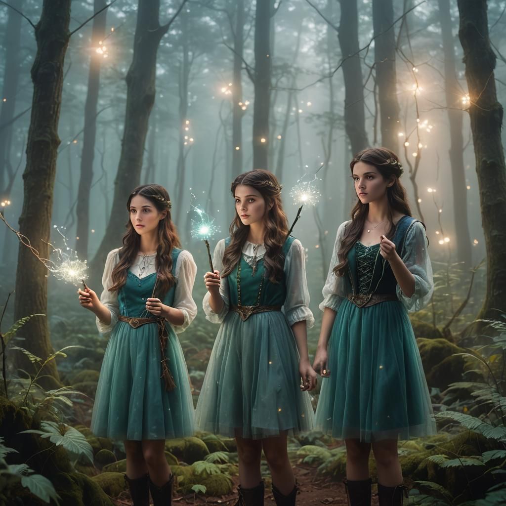 Enchanted Forest: Two Girls with Magic Wands