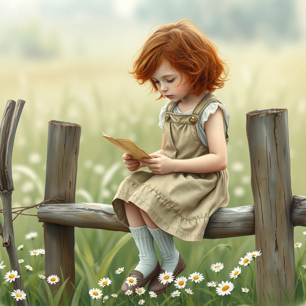 Girl Reading Letter in Impressionistic Watercolor Style