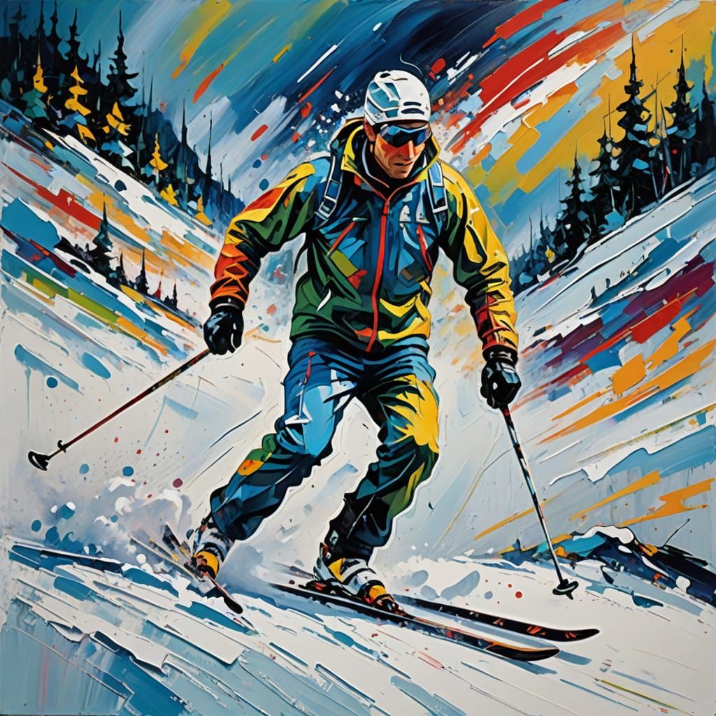 Abstract Expressionist Skiing Scene with Vibrant Colors