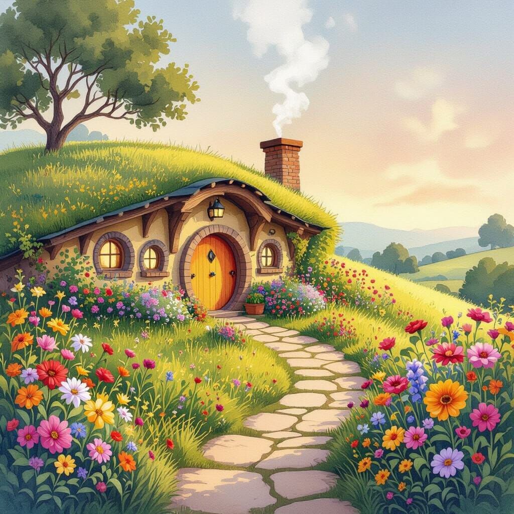 Cozy Hobbit Home in Golden Afternoon Light