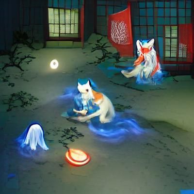 Kitsune and Yokai Under Blue Moon