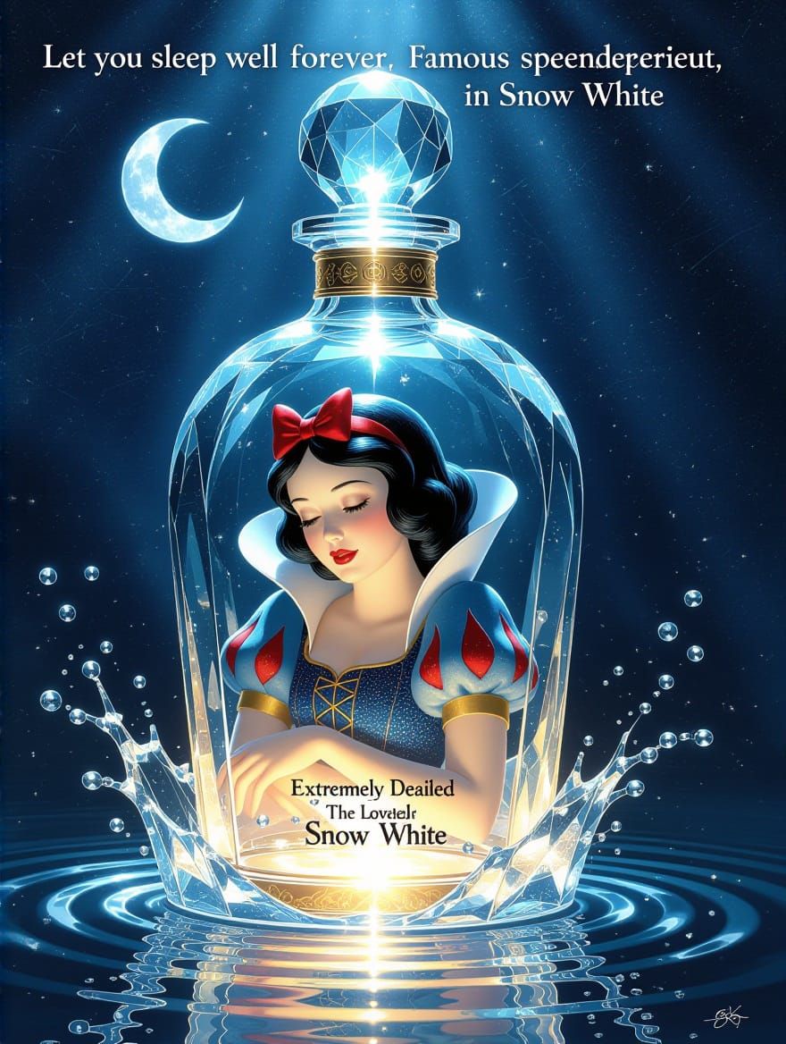 A glowing serum labeled "Let you sleep well forever. Famous spokesperson, Snow White."
