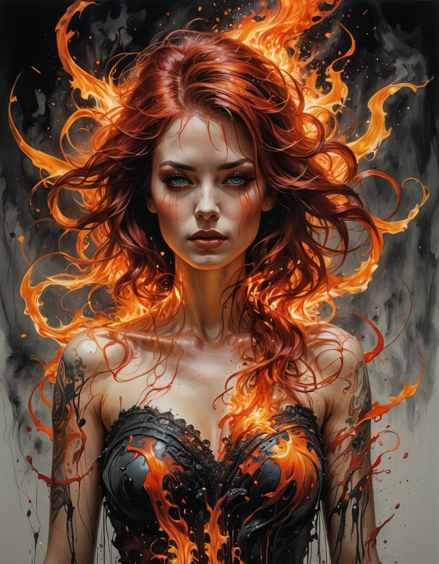 Fiery Woman Portrait with Flowing Flame Hair