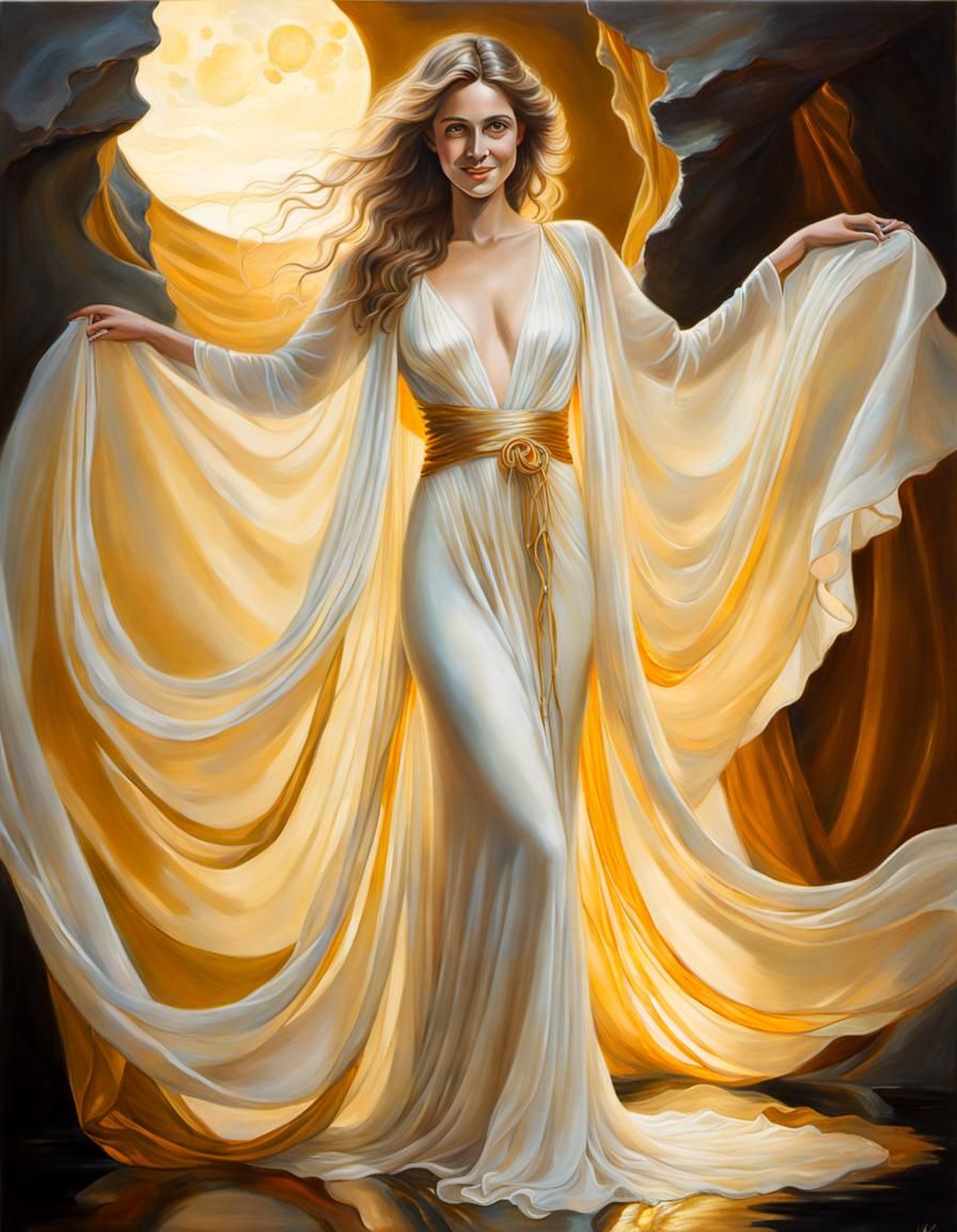 Ethereal Woman in Flowing Gown: Oil Painting