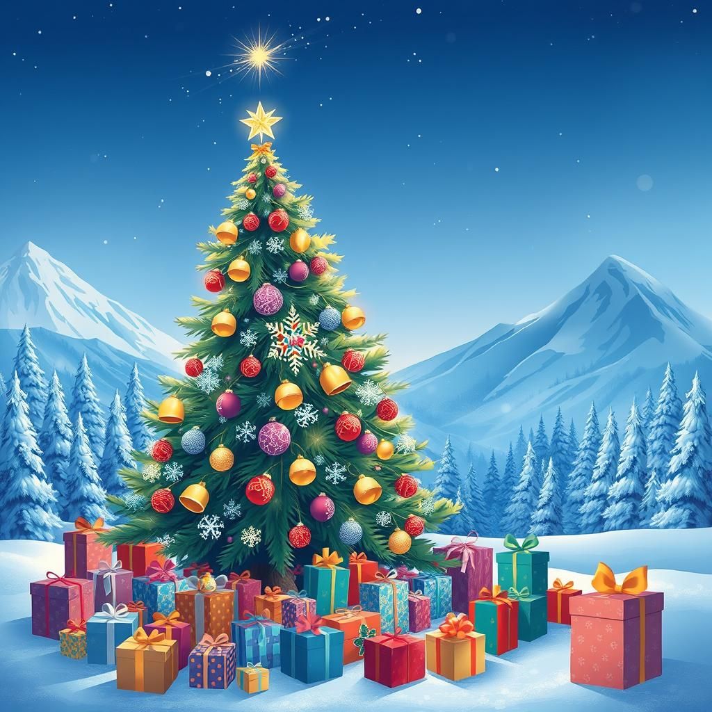 Majestic Christmas Tree with Presents and Winter Scene