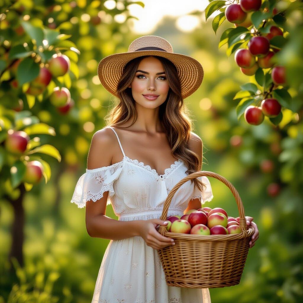 Orchard Serenity: Woman with Apples in Golden Light