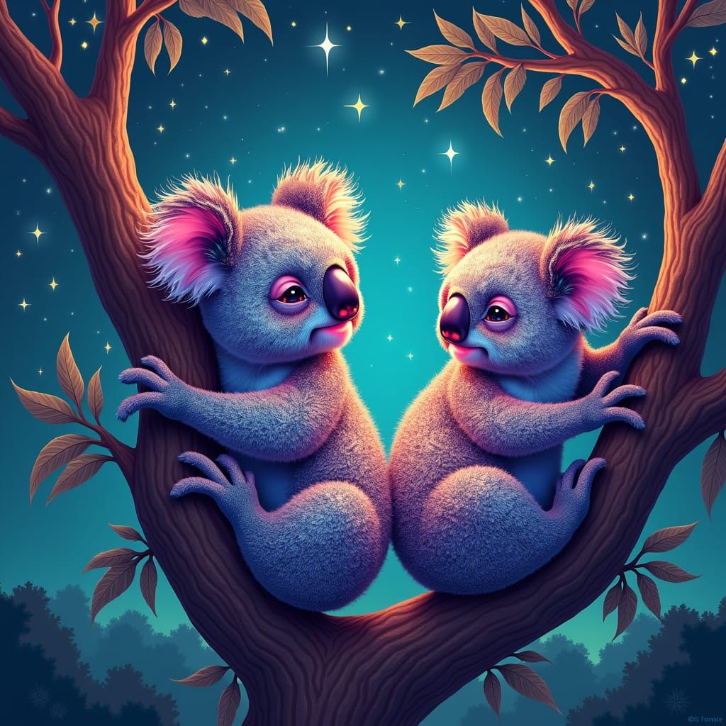 Koalas Lounging in Eucalyptus Trees: Cosmic Astral Illustrat...