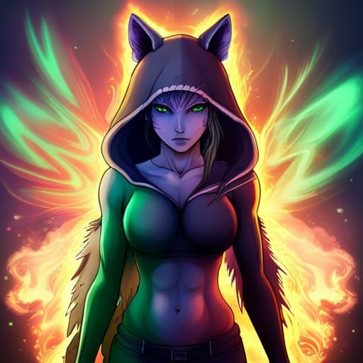 Anime Wolf Girl with Demon Wings and Glowing Eyes