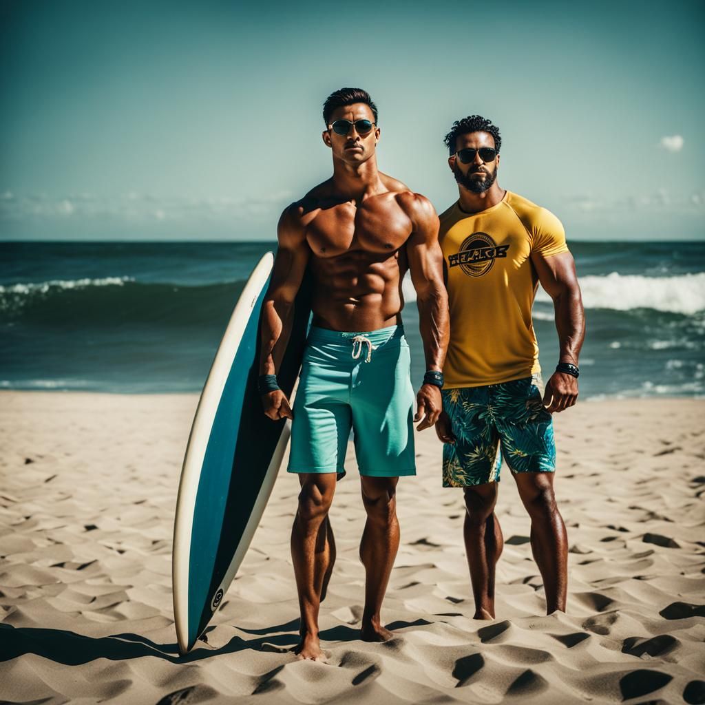 Muscular Man on Beach with Volleyball and Surfboard